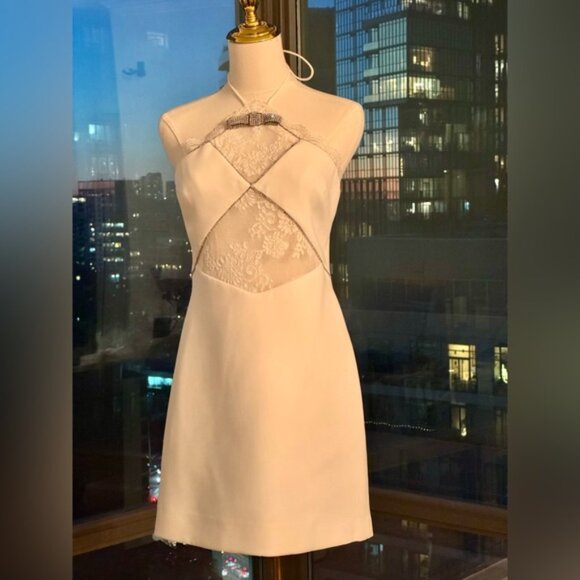 🆕 SELF PORTRAIT 🧿 NWOT White Crepe Halterneck Mini Dress, Sz UK 8 / US 4 - Picture 5 of 16